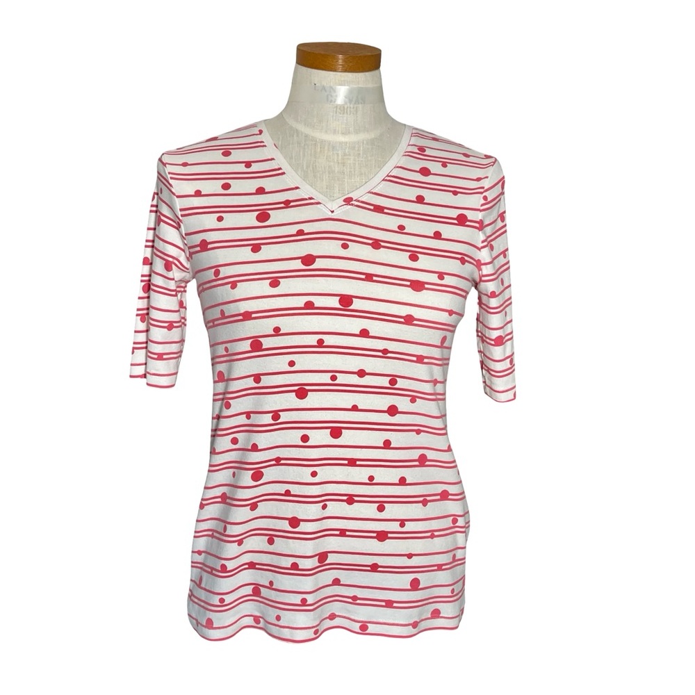 Chico’s Elbow Sleeve Pink White, Stripes & Dots Faye Knit Top Chico’s Sz0 (sm4)